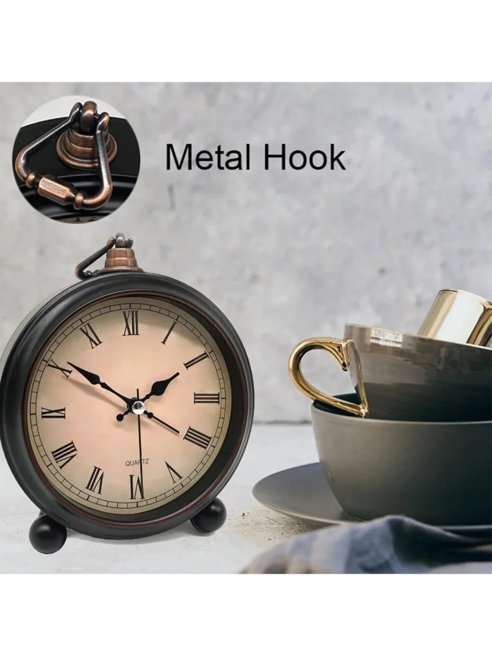 Home Black Analog Quartz Vintage Roman Super Silent Non Ticking Alarm Clock